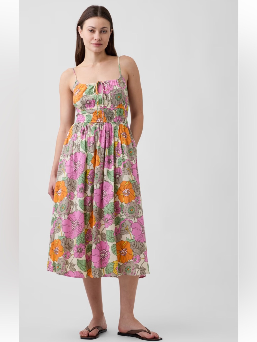 NWT retail $89.99 size S #GAP “Factory Smocked Tie-Front Midi Dress”.